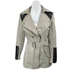 Guess Women's Tan Leather Trim Long Sleeve Zip Up Belted Trench Coat Jacket Sz S